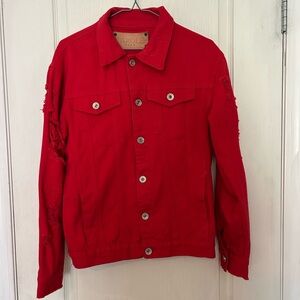 Sans Parole Stylish Red Denim Jacket with Skull Emblem on Back